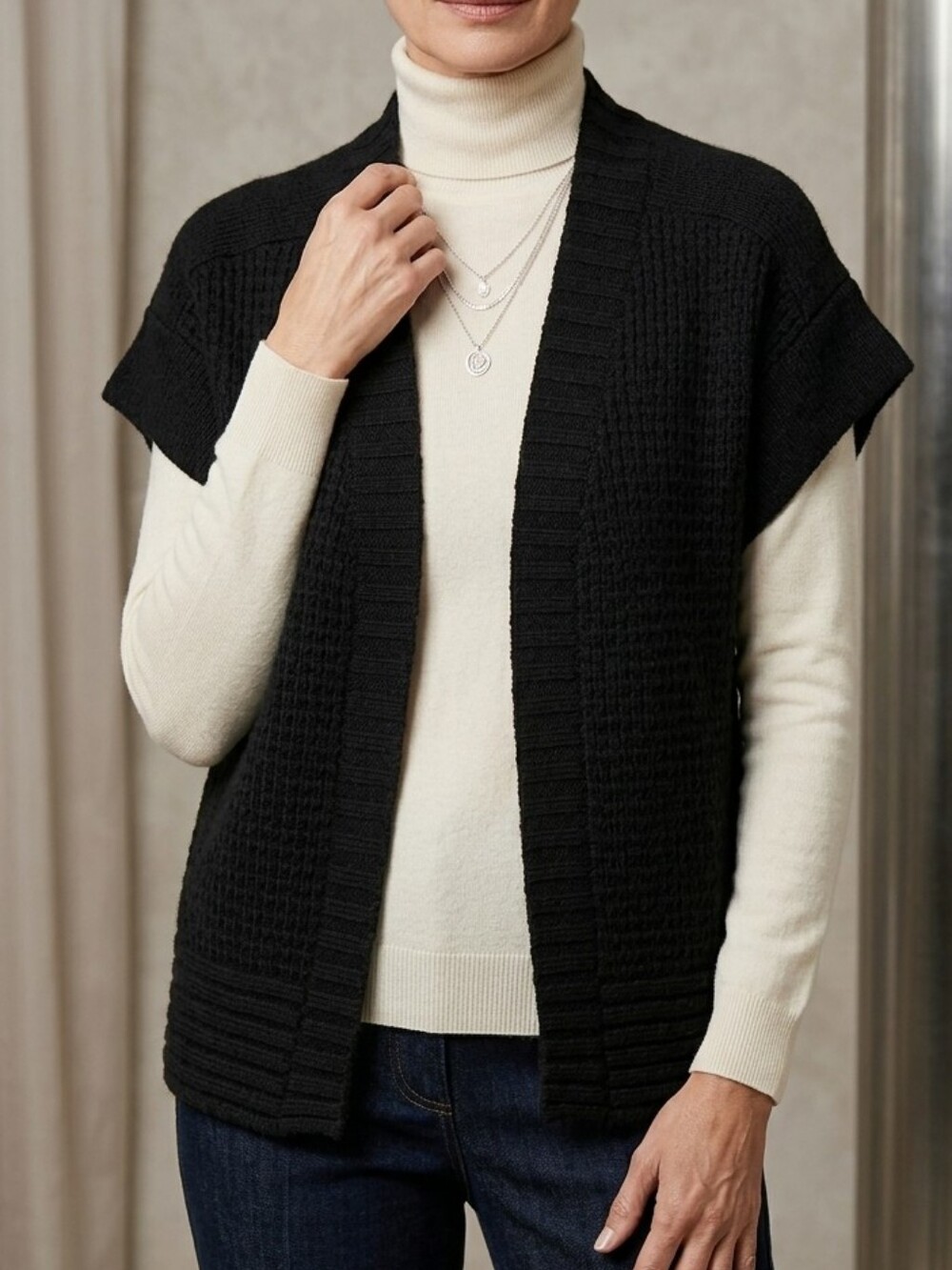 Classic Alpaca Black Short-Sleeve Open-Front Knit Cardigan Baby Alpaca Sz L Peru